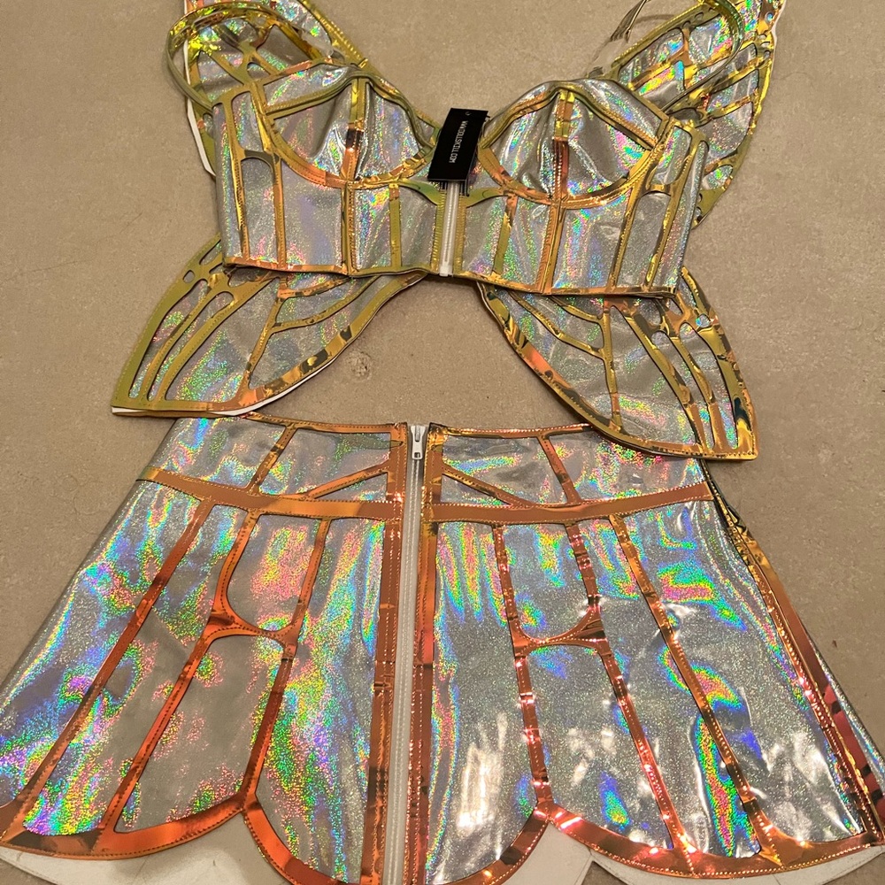 Holographic Silver Two-Piece Crop Top & Skirt Set